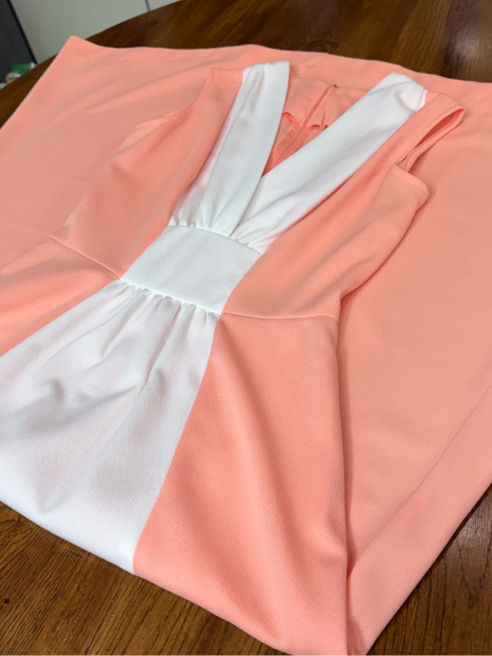 Vintage 70s Peach White Colorblock Hostess Maxi Dress Mod M/L VNeck Empire Waist - Picture 9 of 11
